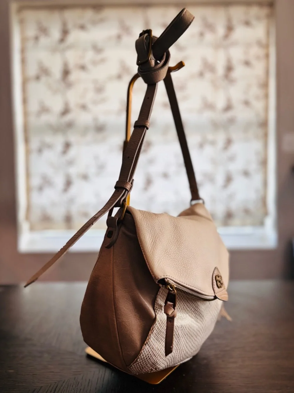 Elliott Lucca Boho Leather Crossbody Hobo Bag Neutral Taupe Purse
